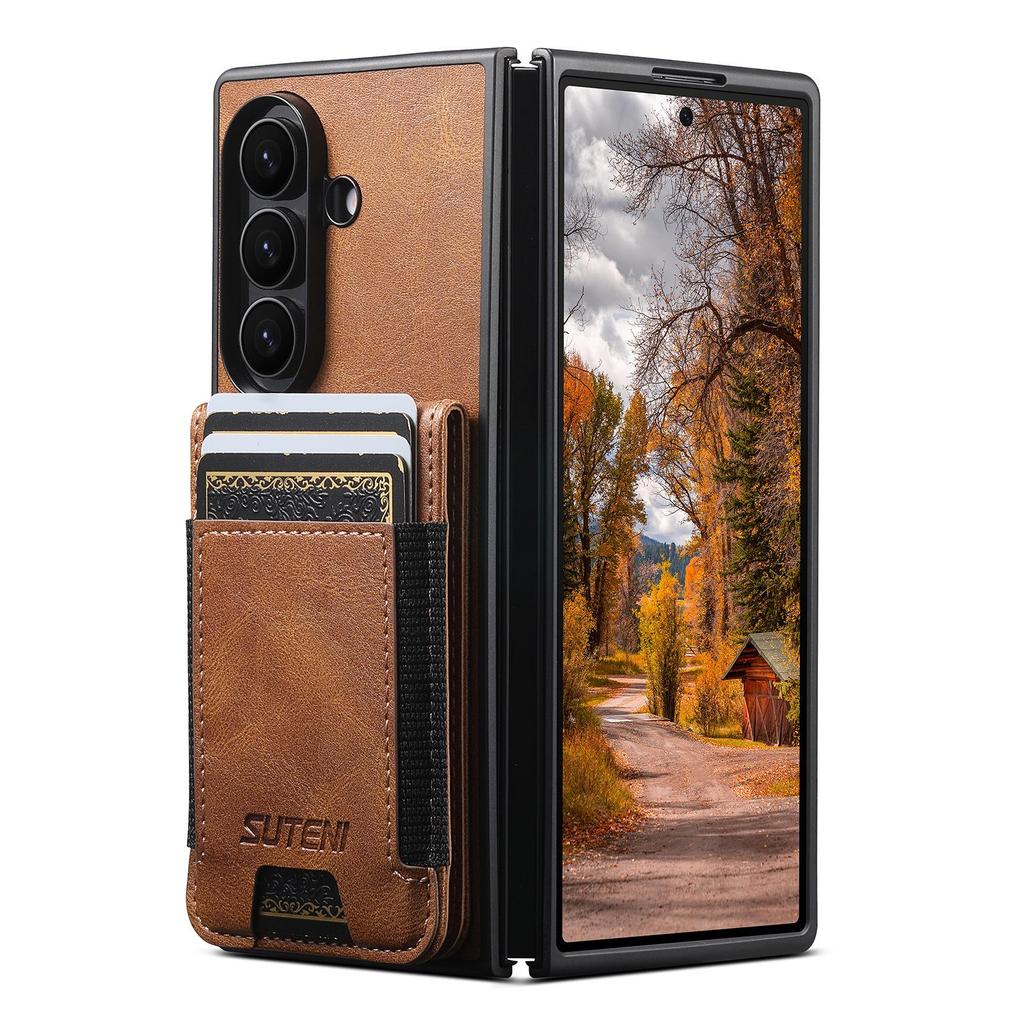 SUTENI Leather Case for Samsung Z Fold 5/6/7: Oil Wax Texture, Card Slot, Elastic Band, Stand Function.