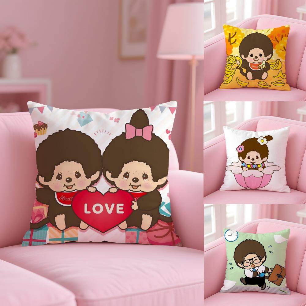 Cartoon M-Monchhichis Cushion Cover Plush Fabric Soft Double-Sided Printed Sofa Warm Winter Home Gift Pillow Cover