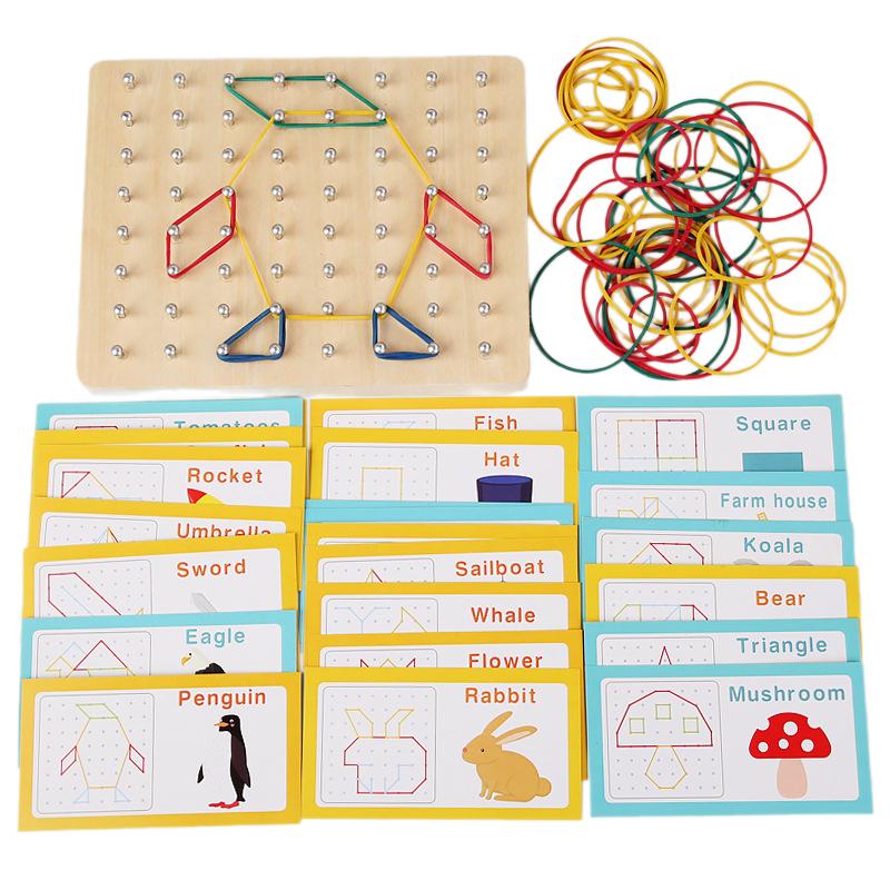 . Деревянная геодоска Игрушки Монтессори - Гео-доска Манипулятивная геодоска для детей 4 5 6 лет с карточками с узорами и резинками