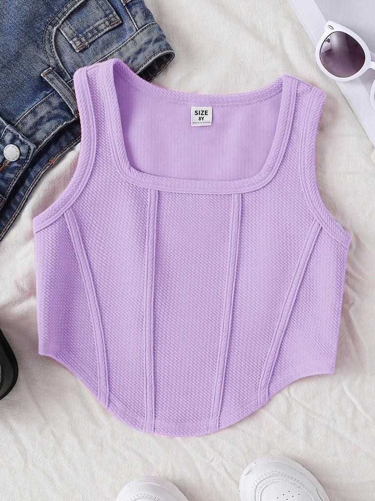 Girls' Summer Fishbone Waist-Cinched Cropped Top, Square Neck Slim Sleeveless Vest