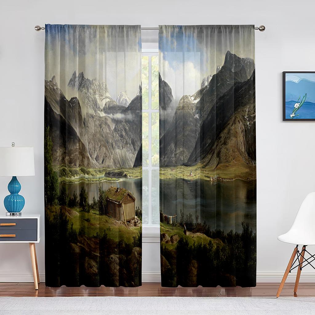 Perdele din șifon cu peisaj fantezic, perdele din tul pentru casă lângă munte și râu, pentru decorarea casei de living