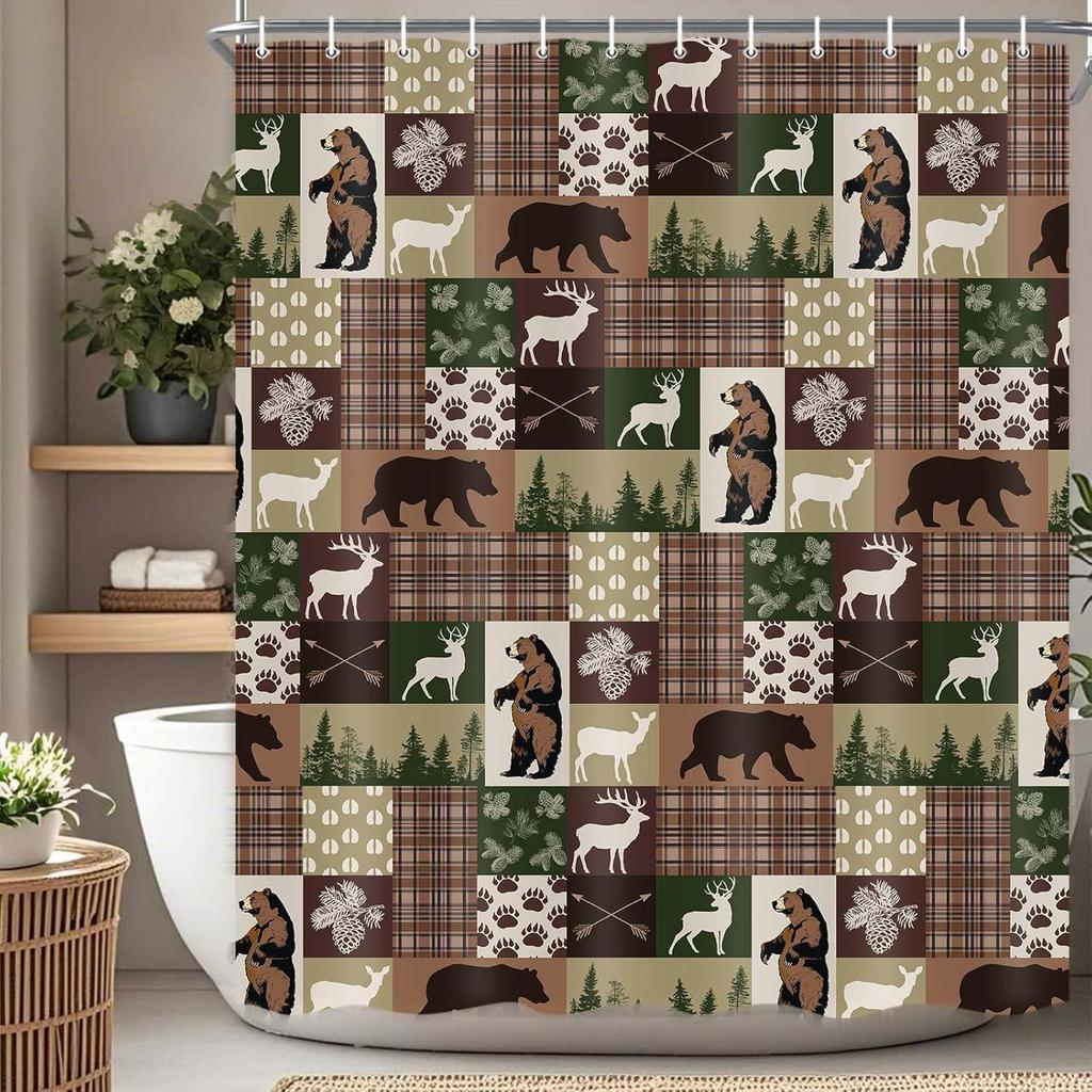 Drgilau Farmhouse Shower Curtain Rustic Bear Shower Curtain for Bathroom, Rustic Cabin Bath Curtains Decor Waterproof Farmhouse Country Bear Moose