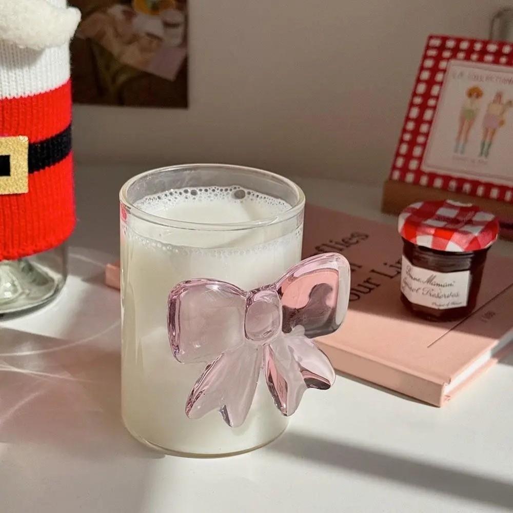 3D Cute Transparent Pink Bow Glass High Borosilicate Heat-Resistant Drinking Glasses 3D Milk Glass Cup Home