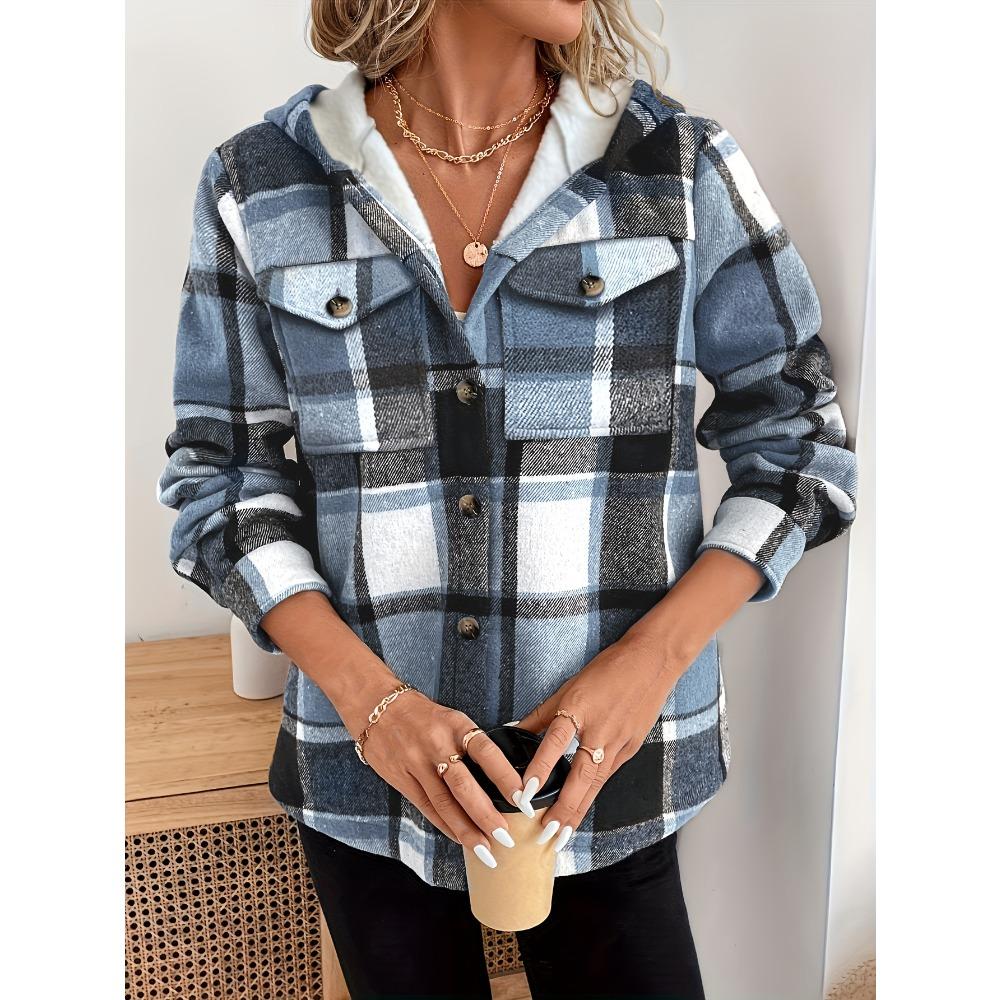 Women's Casual Plaid Hooded Jacket with Fleece Lining Woven Shirt Autumn and Winter Tops