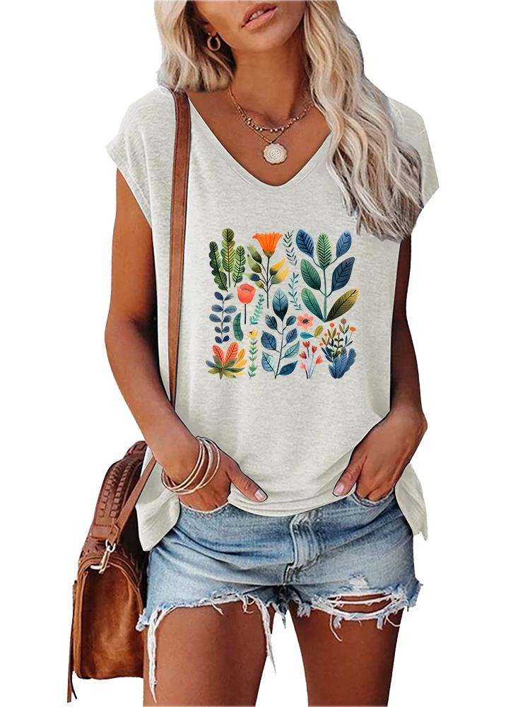 Women Fashion V Collar Short Sleeve Top Summer Casual Print T-shirt