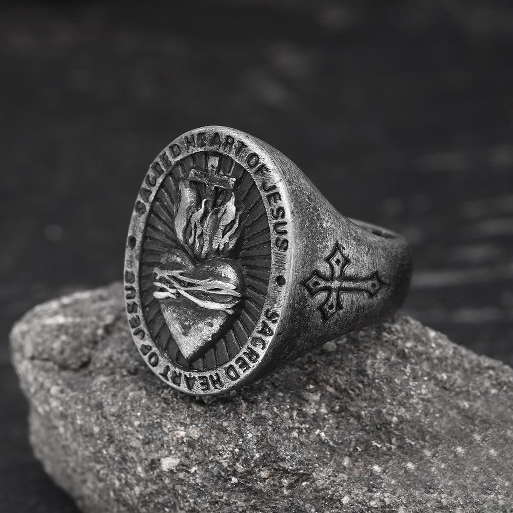 Vintage Herren Edelstahl Religiöser Heiliges Herz Ring Retro Erlöser Jesus Kreuz Ringe Für Männer Frauen Retro Amulett Schmuck 12 gray