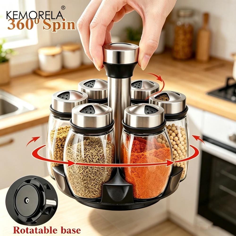 Upgraded Spice Jar Glass Storage Rack Rotating Glass Seasoning Jar Holder Sugar Pepper and Salt Shaker Rack Kitchen Storage Rack
