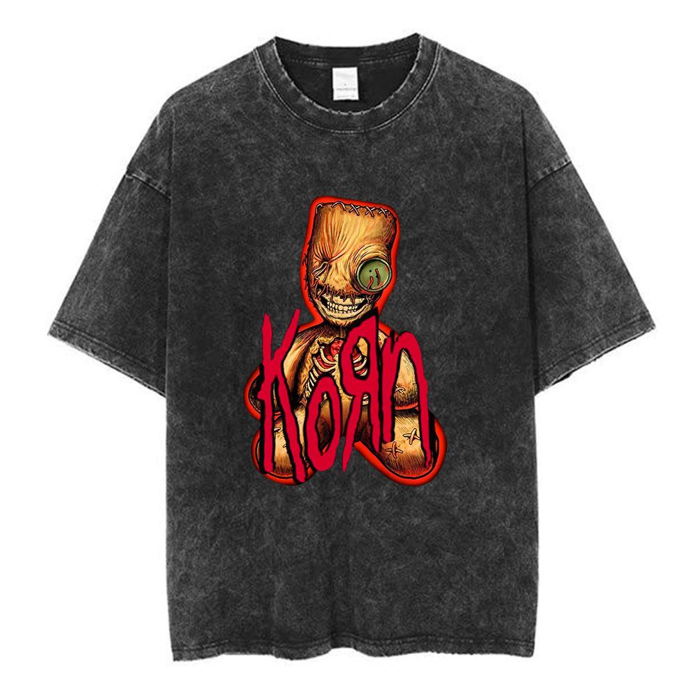 Korn Follow The Leader 20Th Anniversary Washed T Shirt Metal Gothic Rock Band T Shirts Men Vintage Oversized T-shirt Streetwear