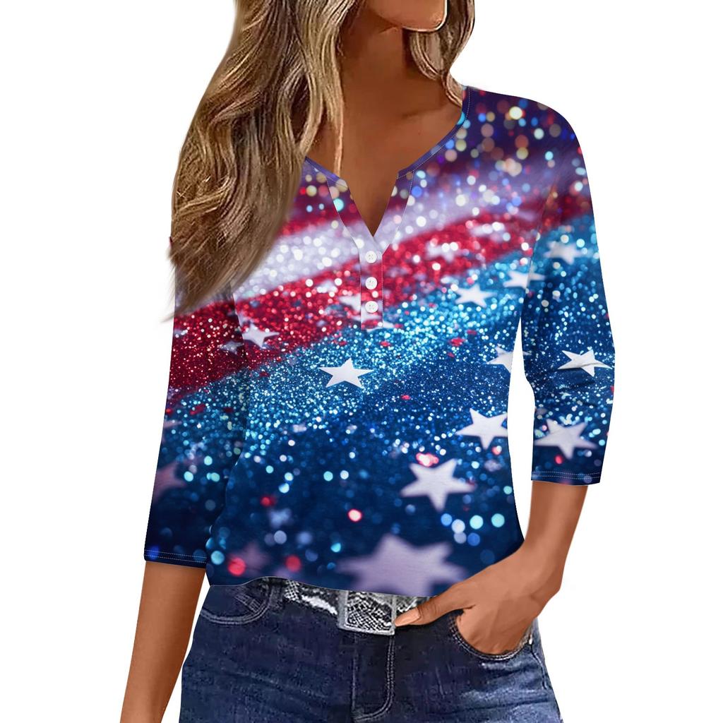 Women's T Shirt Print Button 3/4 Sleeve Daily Weekend Fashion Basic V- Neck Regular Top