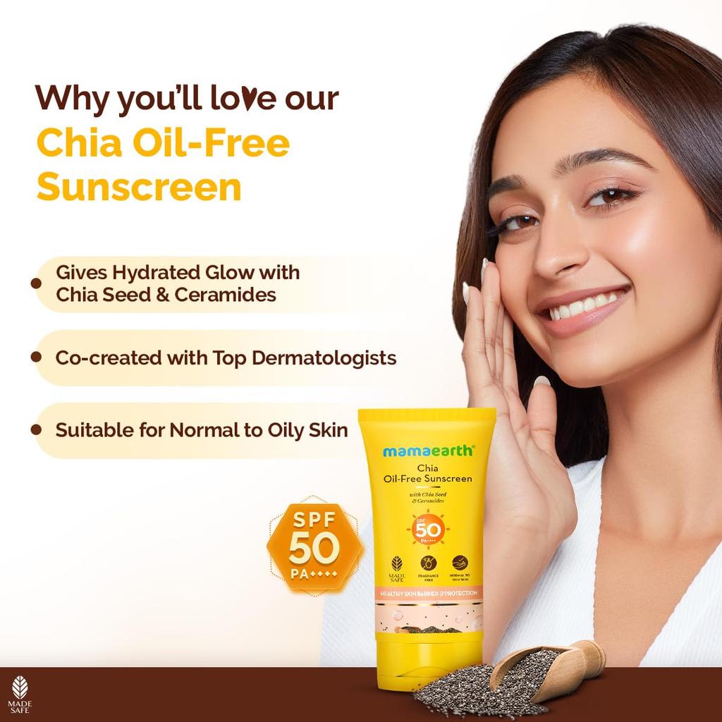 Mamaearth Chia Oil-Free Sunscreen SPF50 PA++++ For Oily Skin With No White Cast Lightweight Tan Protection Hydrating Matte Glow 50g
