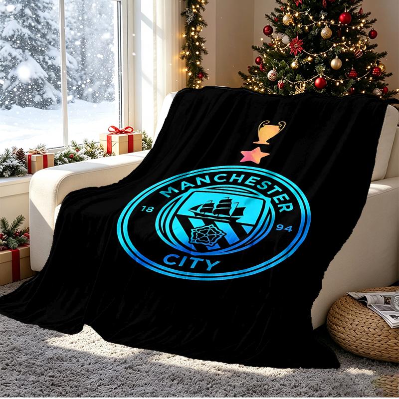 Manchester City FC Pattern Blanket for Home Decoration, Bed, Sofa, Car Travel, Camping, Suitable for All Seasons, Birthday Christmas Gift