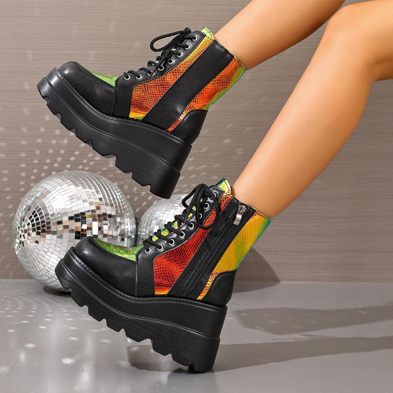 Fashion Inside Booties Autumn New Round Toe Lace-Up Front Side Zipper Platform Anti-Slip Wear-Resistant Wedge Shoes