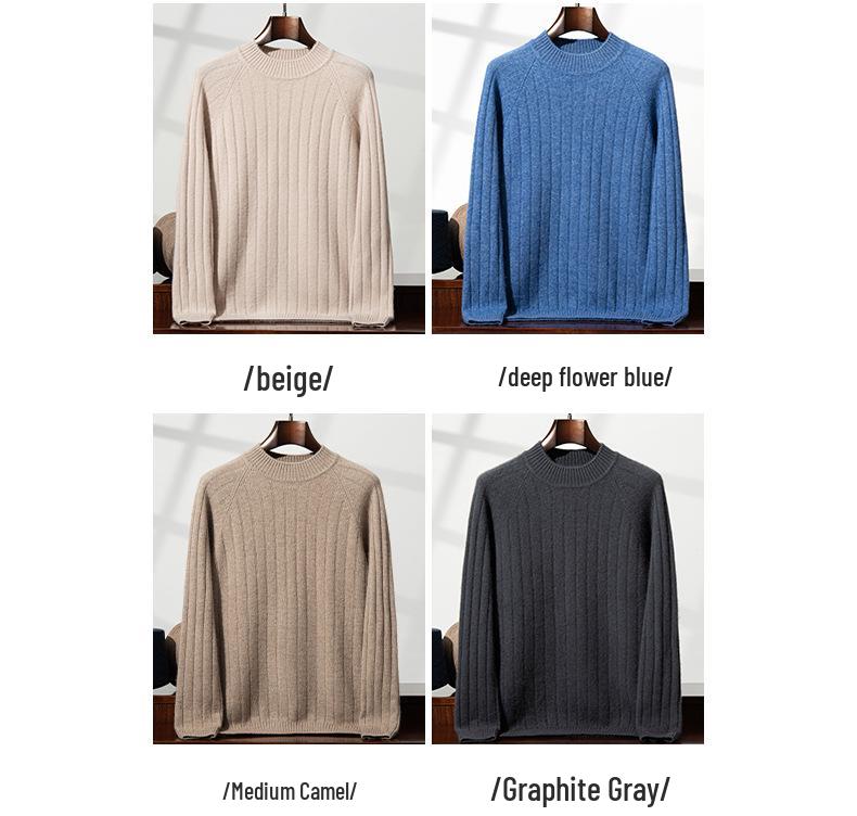 Men's Slim Fit Autumn Cable Knit Pullover Sweater - Korean Style Semi-High Neck Cashmere Shirt
