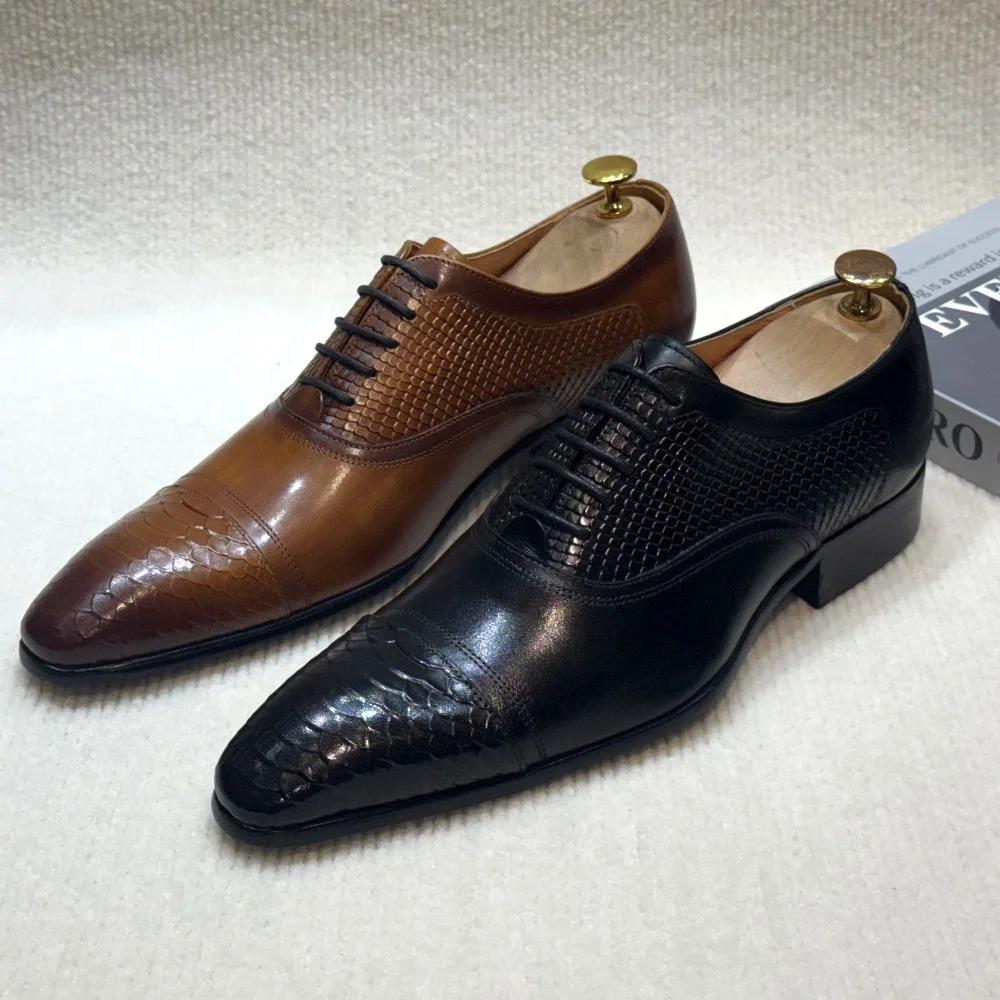 Men's Italian Style Luxury Genuine Leather Derby Shoes Pointed Toe Handmade Formal Oxford Lace-up Brogues