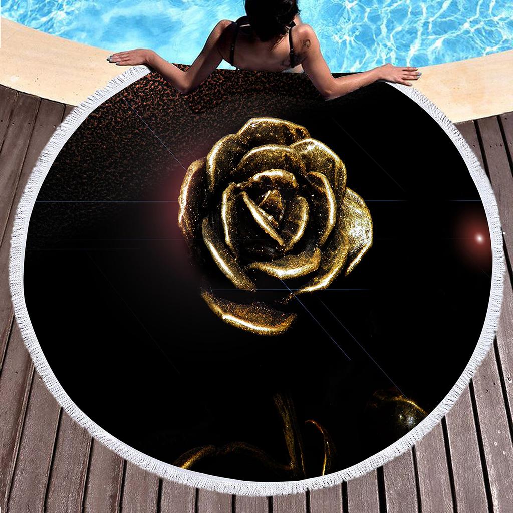 Luxury Gold Vintage Floral Round Beach Towel with Tassels, Microfiber Quick Dry Beach Blanket Absorbent Meditation Rug Yoga Mat