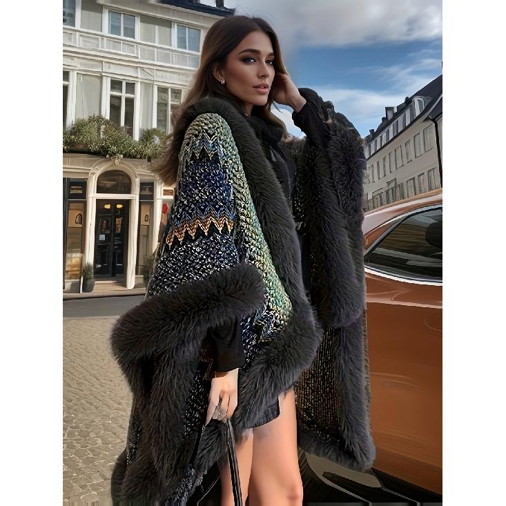 2025 Новый Стиль Женское Пальто-Шаль Меховая Отделка Тканая Текстура Геометрический Декор Блок Цвета Свободный Силуэт Ретро Высокий Класс Осень Зима Повседневный Уличный one-size синий