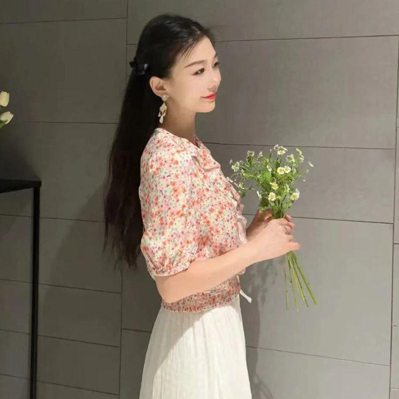 Shopping mall 1116 women's clothing spring and autumn V-neck retro thin pink floral short-sleeved shirt 1111111