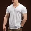 Herre V-hals Bomulls T-skjorte, Slim Fit, Ensfarget, Kort Erm for Trening & Fritid