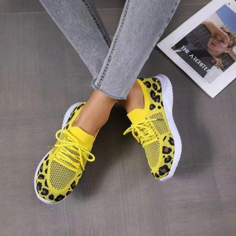 Sieviešu apavi pavasarim un rudenim jauni leoparda apdruka lidojoši austi ķīļpapēži sietiņa ikdienas sporta apavi sievietēm