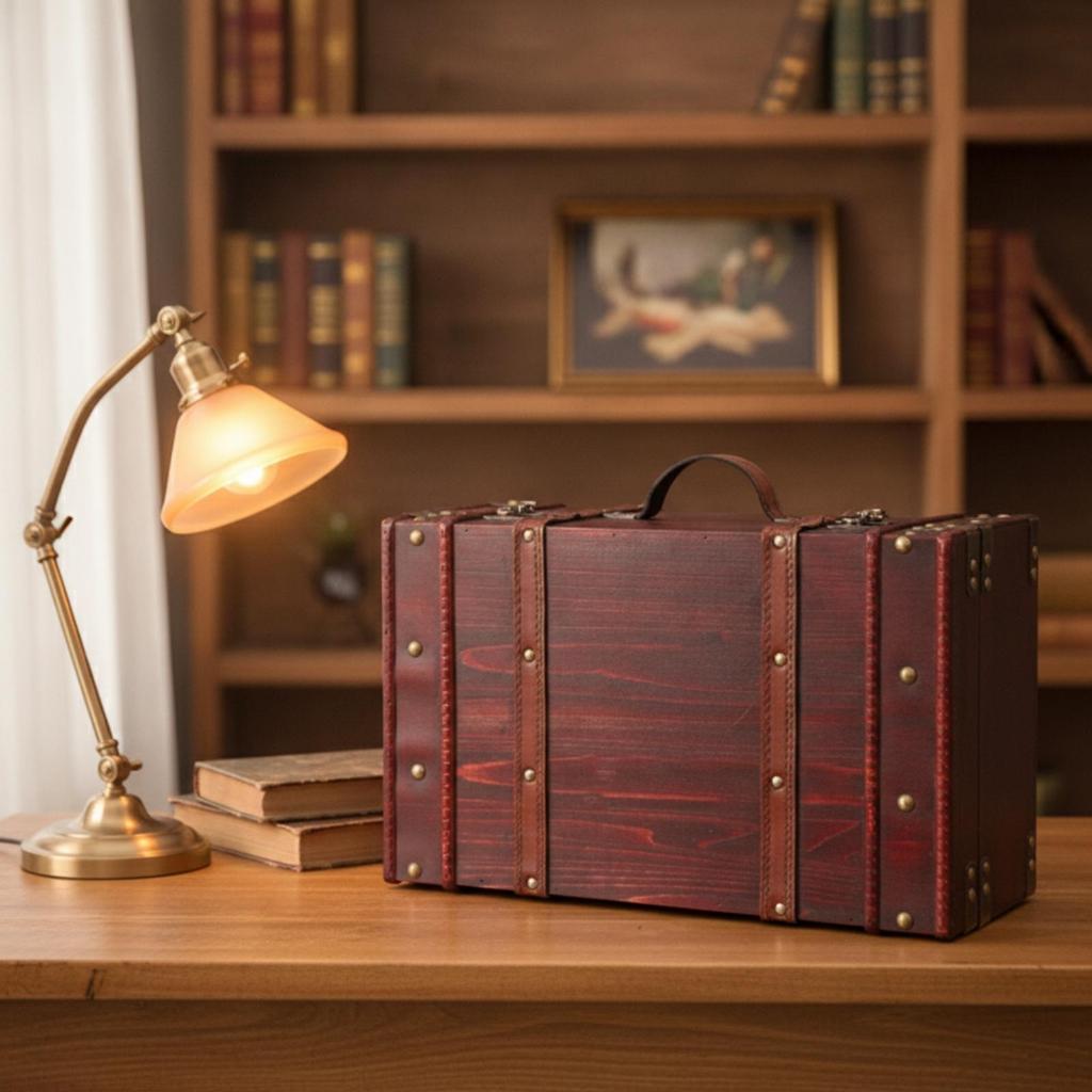 Wooden Storage Suitcase Retro Decorative Vintage AntiqueLook Chest with Handle for