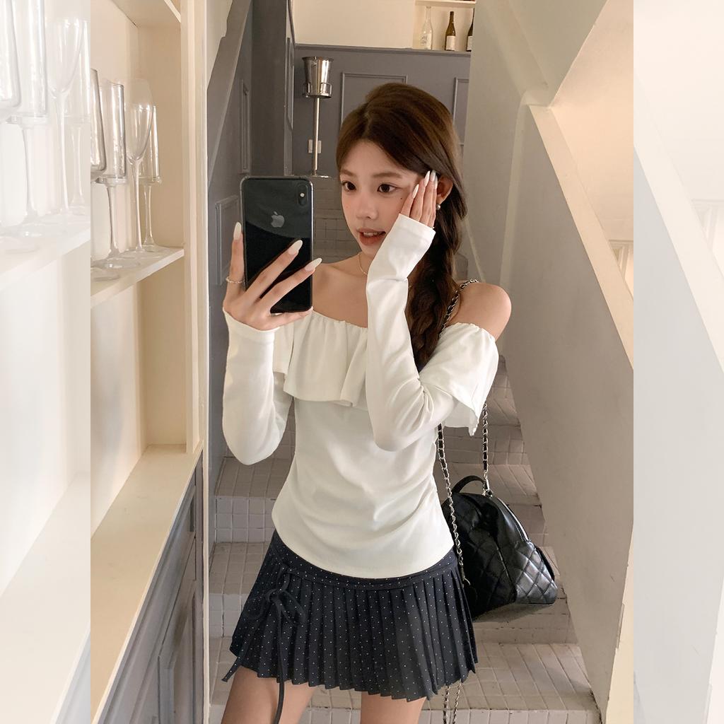 Sweet Lotus Leaf Collar One-word Shoulder Long-sleeved T-shirt Women's Autumn Bottoming Shirt Slim-fitting and Thin Chic Top