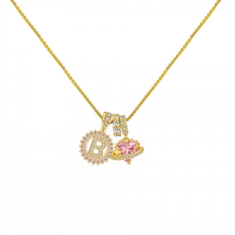 Copper Pendant Necklace With Zircon Stone Alphabet Charms Floral Design Personalized Letter Jewelry
