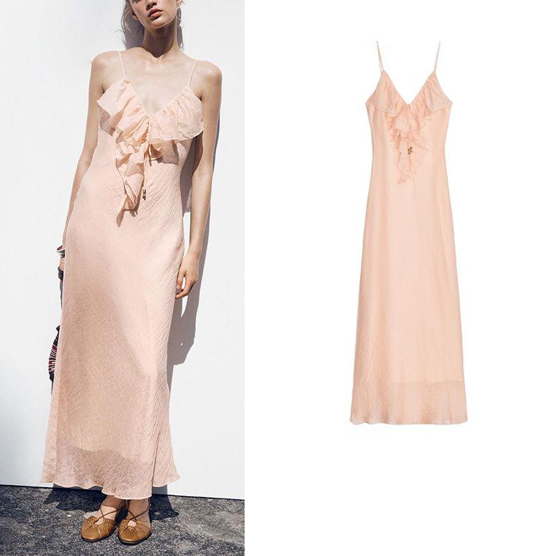 Summer New Arrival Women's Clothing Sexy V-neck Skirt with Shoulder Straps Laminated Decoration Intimates Midi Skirt Dress 5029107