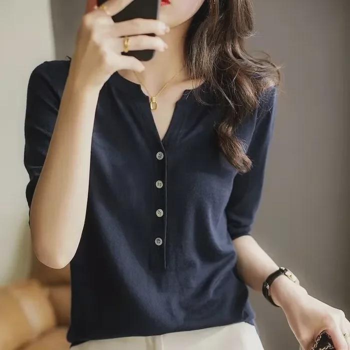 Women's Mid-Sleeve V-Neck Knitted Sweater - Versatile Slim Fit Button-Down Top