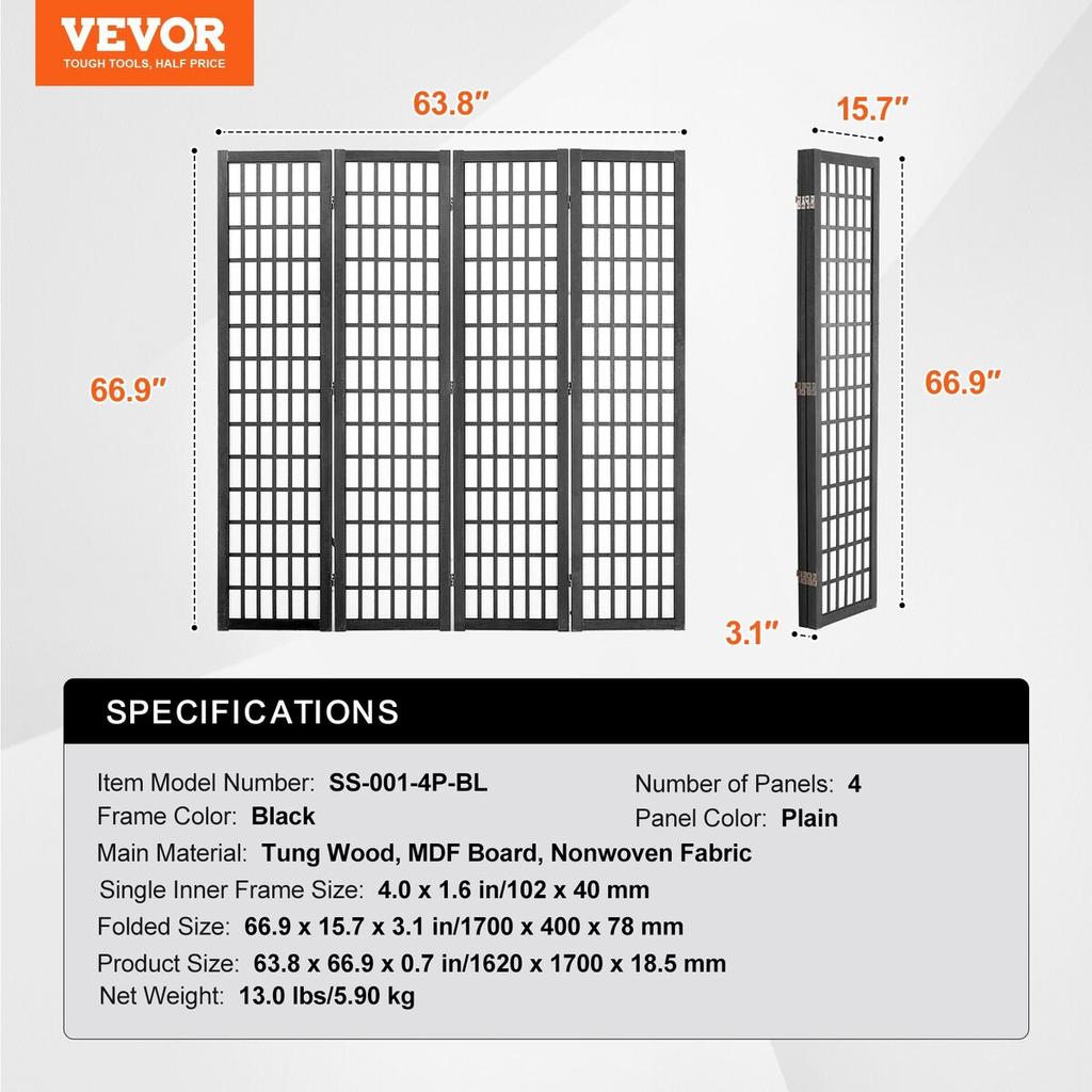 Room Divider Japanese Wall Divider 4 Panel Screen for Room Separation