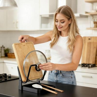 Removable Storage Rack For Pot Pan Ladle Spatula Spoon Plate Dish Kitchen Lid Holder With Drain Tray Cabinet Counter Organizer