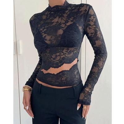 Lace Sheer Top for Women Long Sleeve Mock Neck Cutout Slim Fit Club Night Out Womens Tops