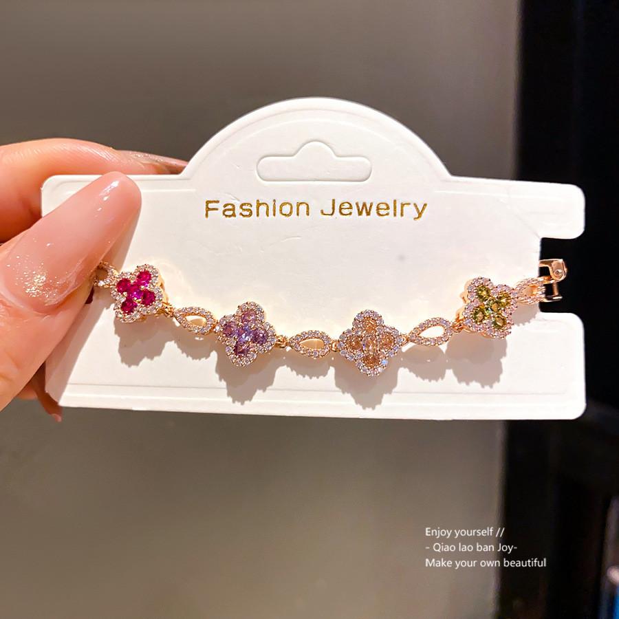 18k Gold Plated Clover Bracelet With Zircon Flowers For Women Elegant Jewelry Gift