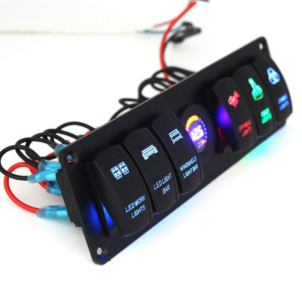 Rocker Switch Panel with Voltmeter 6 Gang Toggle Rocker Switch Panel Colorful LED Voltmeter Fit for RV, for Car, for Marine, for Boat