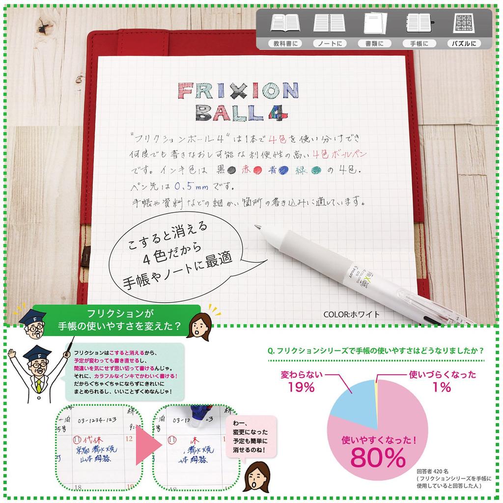 PILOT Frixion Ball 4 Ballpoint PLKFB80EFP Multi-Color Pen, 0.5mm, Pink,