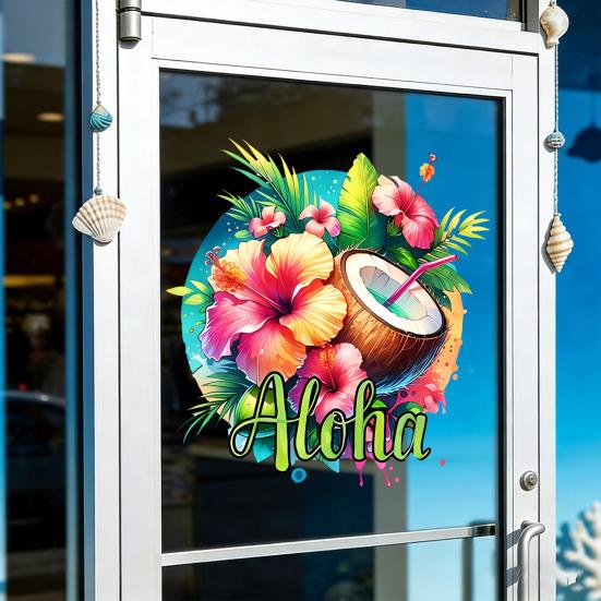 Summer Window Clings Tropical Hibiscus Flower Coconut Window Stickers Removable PVC Static Decal for Beach Vacation Hawaii Theme Home Kitchen