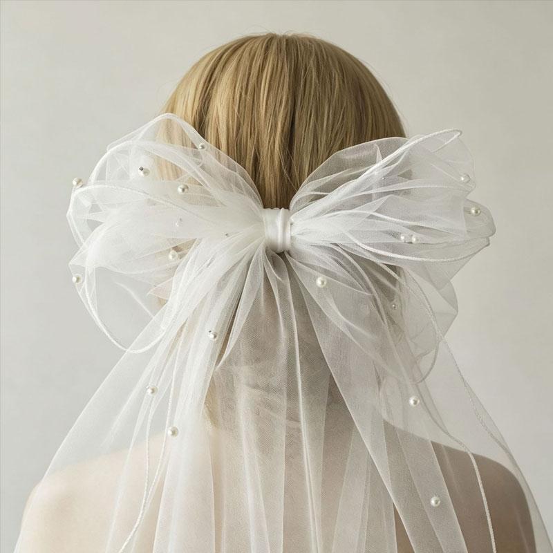 1Pc Chiffon Versatile Bow Hair Clip Bride Pearl Sweet Netting Hair Clip Veil