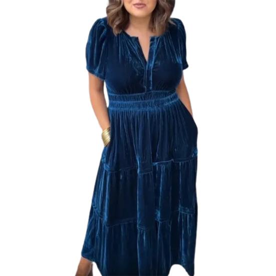 

2024 Летнее женское платье Плиссированное лоскутное А-силуэт с коротким рукавом Свободный V-образный вырез Однотонное облегающее платье с мягкой талией Длина до щиколотки Макси-платье XL синий