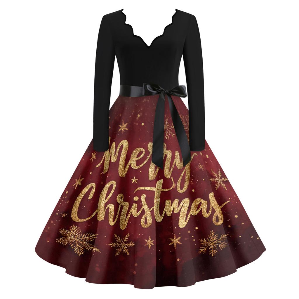 Women's Casual Fashion V Neck Christmas Printed Vintage Dress