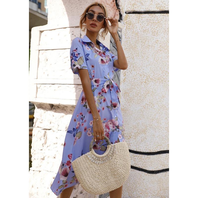 Summer Short Sleeve Women Floral Printed Shirt Dress Single-breasted Loose Casual Office Holiday Lace-up A-line Party Dresses Elegant Fashion Clothng