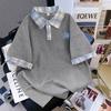 Niche summer American fashion shoulder sleeve polo collar short sleeve T-shirt men and women couples plaid ins top