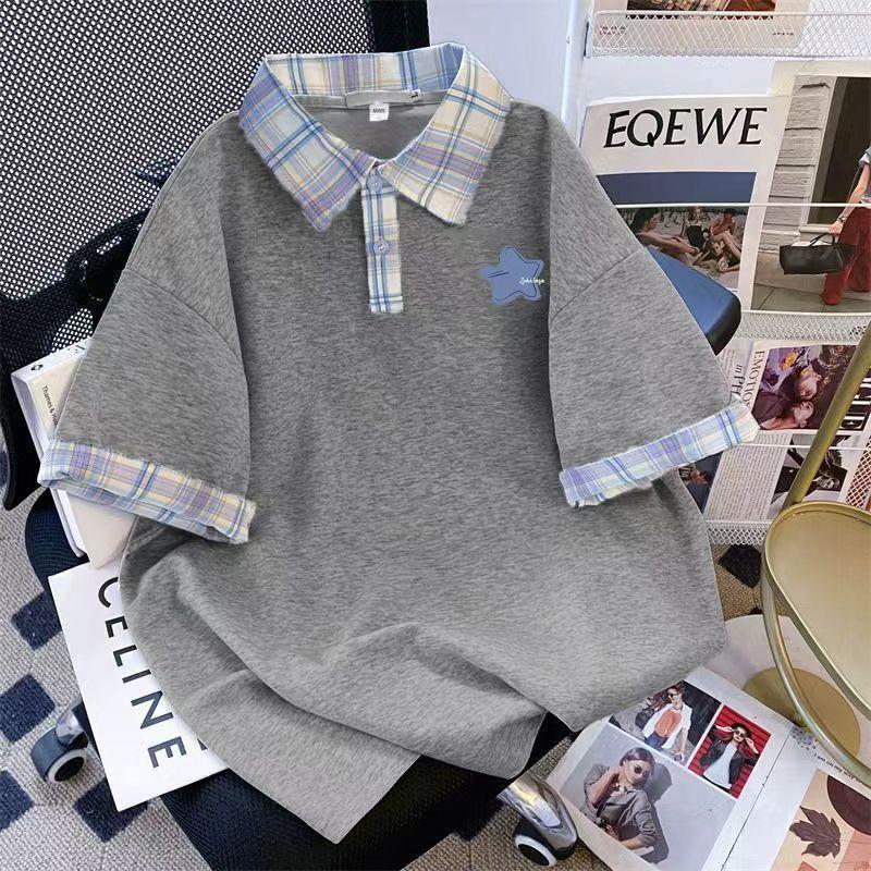Niche summer American fashion shoulder sleeve polo collar short sleeve T-shirt men and women couples plaid ins top