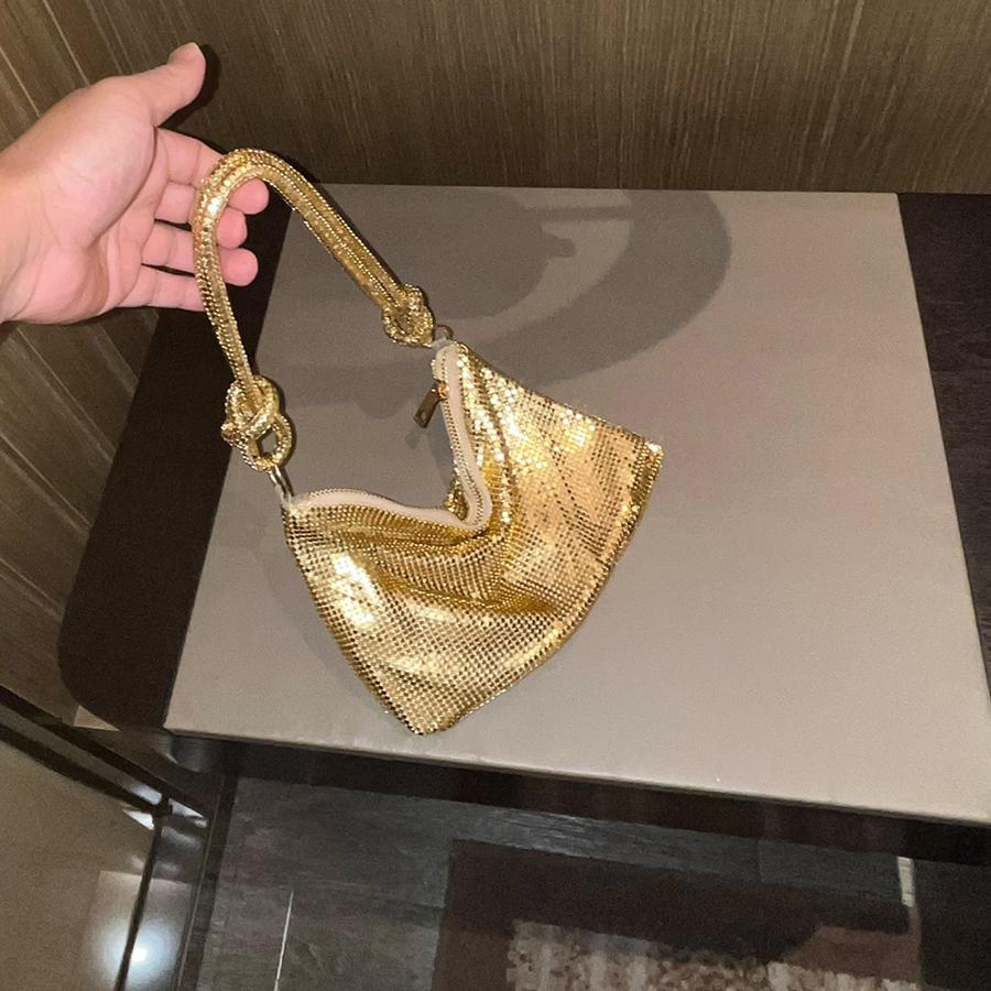 Aluminium Bankett Unterarm-Clutch Tasche Glänzender Geknoteter Griff Strasssteine Abendparty Luxus Hobo Handtasche Gold/Silber Schultertaschen