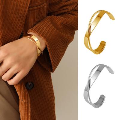 Glossy Metal Cuff Bangle Double Layer Geometric Irregular Cross Ripple Opening Jewelry Bangle Women Girls Party Jewelry