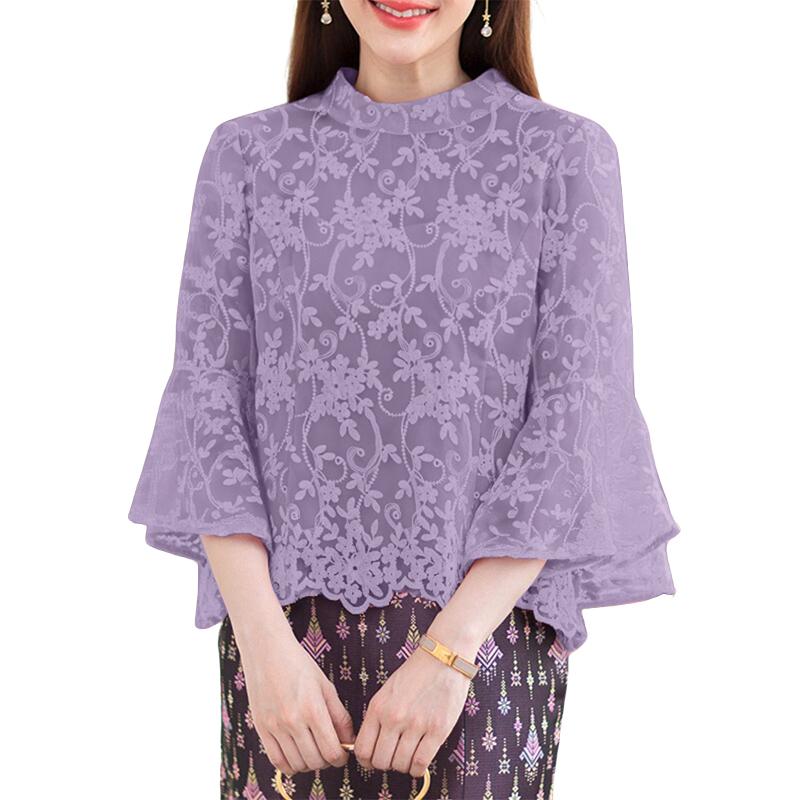 

ZANZEA Женская повседневная блузка с воротником-стойкой, полая вышивка, кружевные вставки 3XL