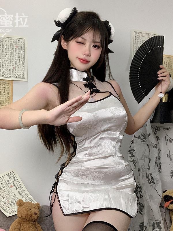 Sexy Cheongsam Mini Dress Mesh Lace Sheer Charming Underwear Uniform Transparent Slim Side Straps Dress Elegant Tops He1O