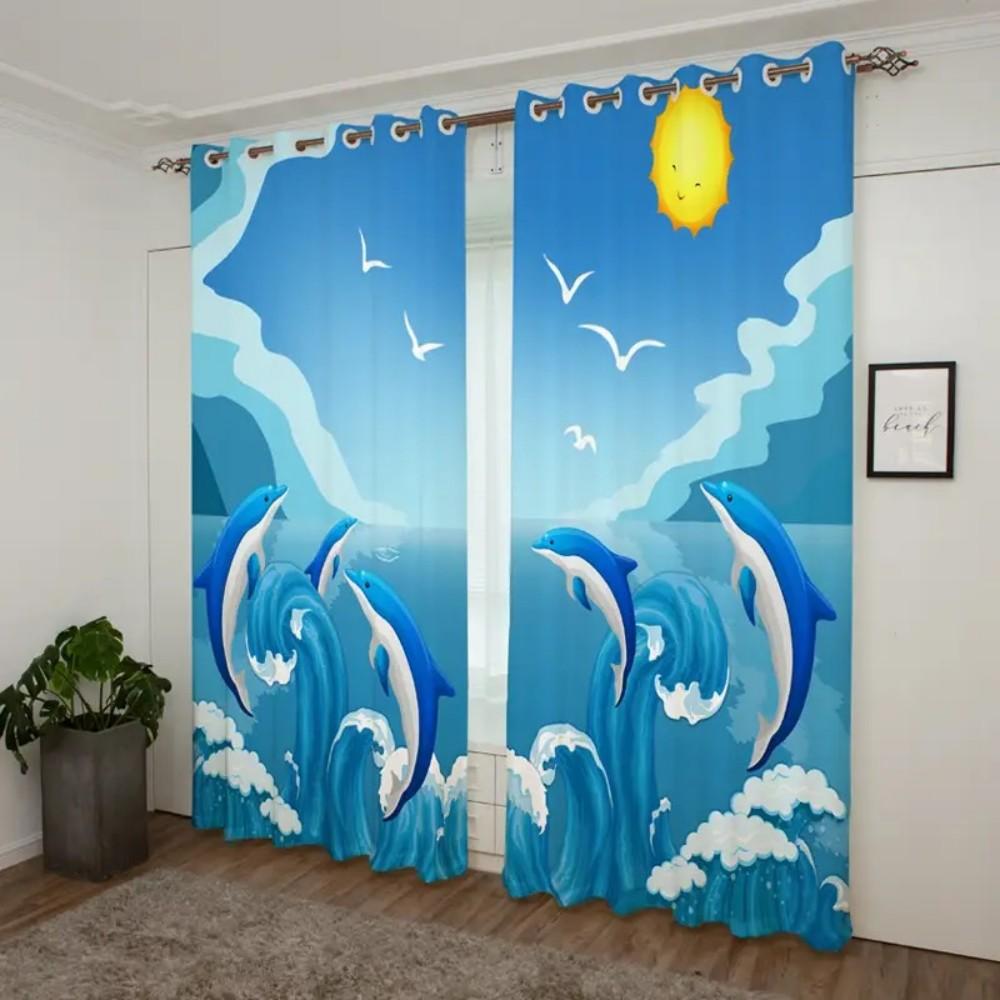 2 szt. Zasłony z motywem oceanu i wzorem ryb, dekoracyjne zasłony okienne z tunelem na karnisz, dekoracje okienne do sypialni, salonu, wystroju domu