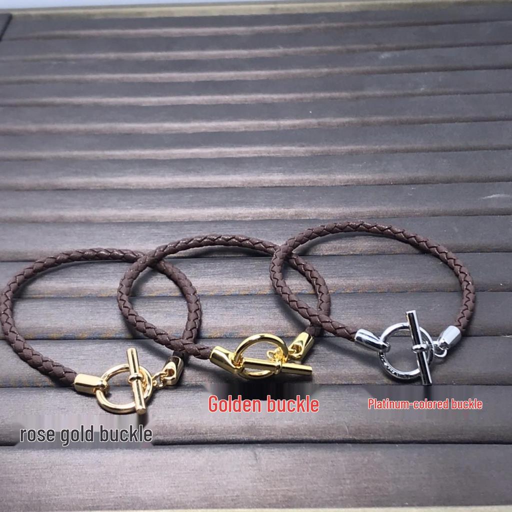 European & American Fashion H-Shaped Leather Cord Bracelet In Enamel V with 18K Rose Gold Plating - Pig Nose Design, Influencer Couple Style