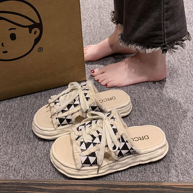 Fashion Versatile Thick-bottomed Non-slip Casual Cool Slippers Women's New Summer 2025 Outer Wear Small Fragrant Style Lace-up Slippers