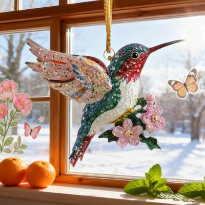 Hummingbird Christmas Ornaments Glitter Rhinestones Floral Hummingbird Ornaments for Christmas Tree 2D Acrylic Keepsake Gifts for Bird Lovers