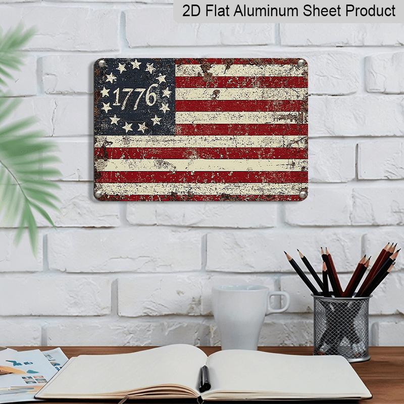 2D Flat Americana Style Vintage 13-Star American Flag Metal Sign - Rustic Aluminium Wall Hanging Plaque for Independence Day, Patriotic Fourth of